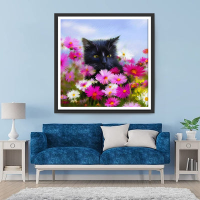 Little Black Cat and Marguerites Diamond Painting