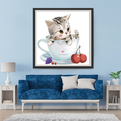 Tabby Cat in Coffee Cup and Cherries 5D DIY Diamond Painting Kits