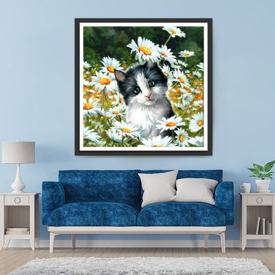 Black and White Cat with Marguerites Diamond Painting