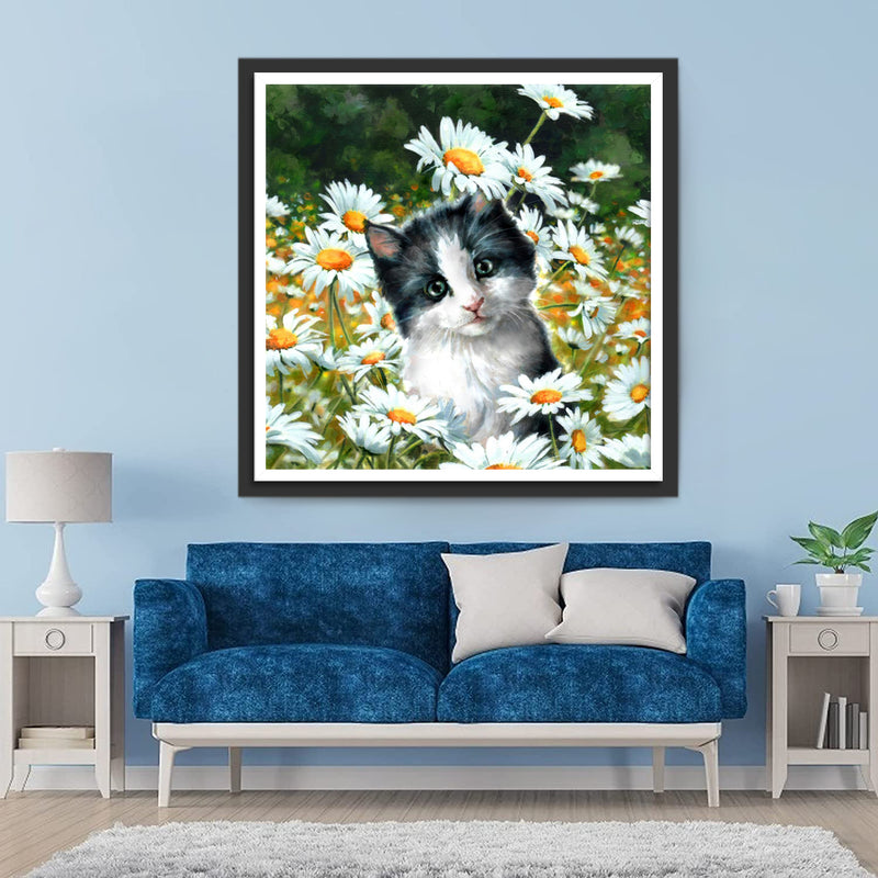 Black and White Cat with Marguerites 5D DIY Diamond Painting Kits