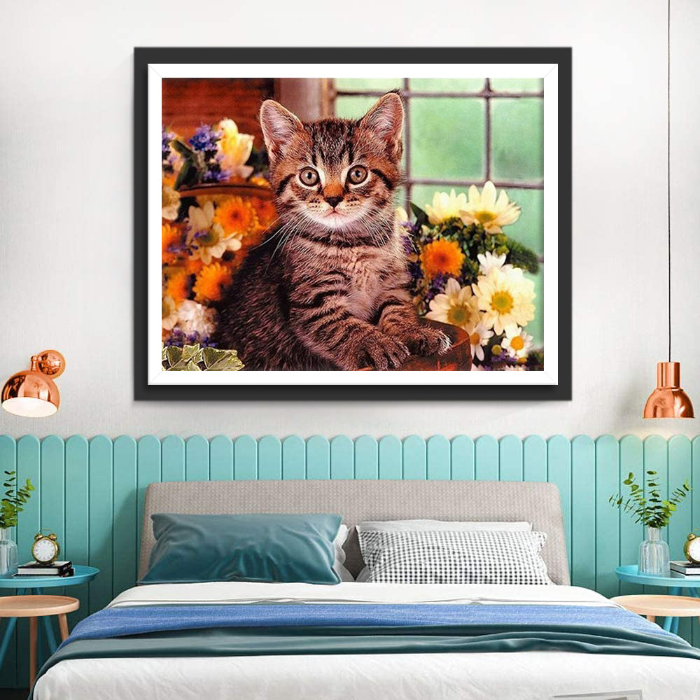 Cat and Flowers Diamond Painting