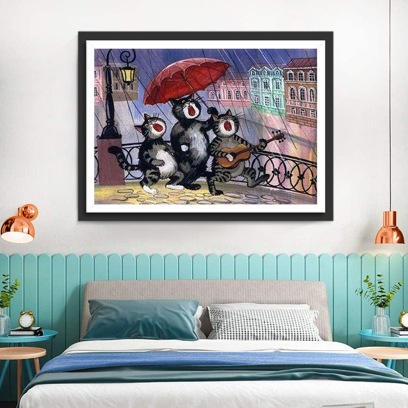 Cats Singing in the Rain Diamond Painting