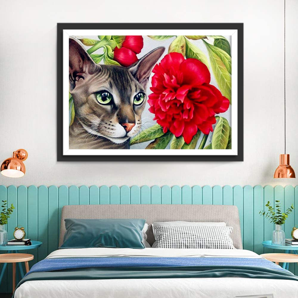 Elegant Cat and Red Flower Diamond Painting