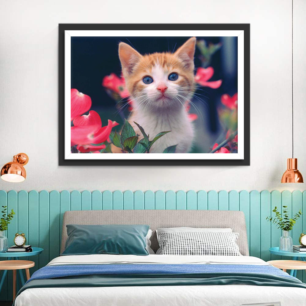 Kitty and Pink Flowers Diamond Painting