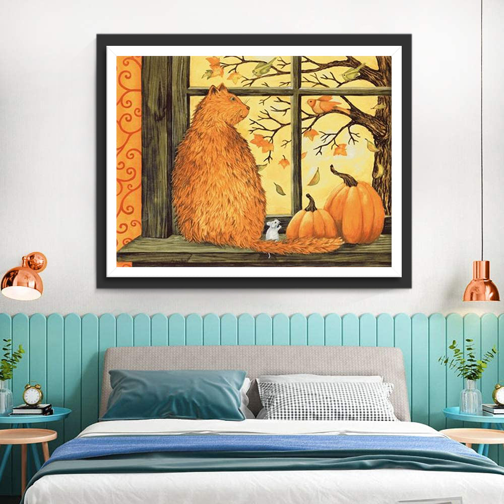 Fat Cat and Pumpkins Diamond Painting