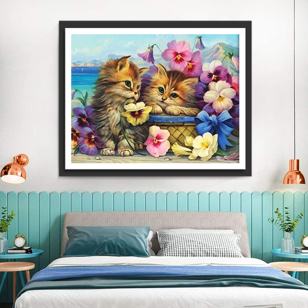 Cats and Flowers on the Beach Diamond Painting