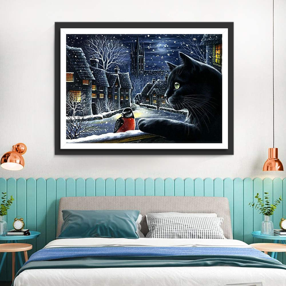 Black Cat and Little Town Diamond Painting