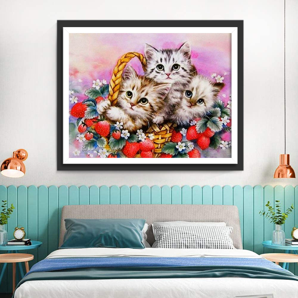 Three Little Cats and Strawberries Diamond Painting