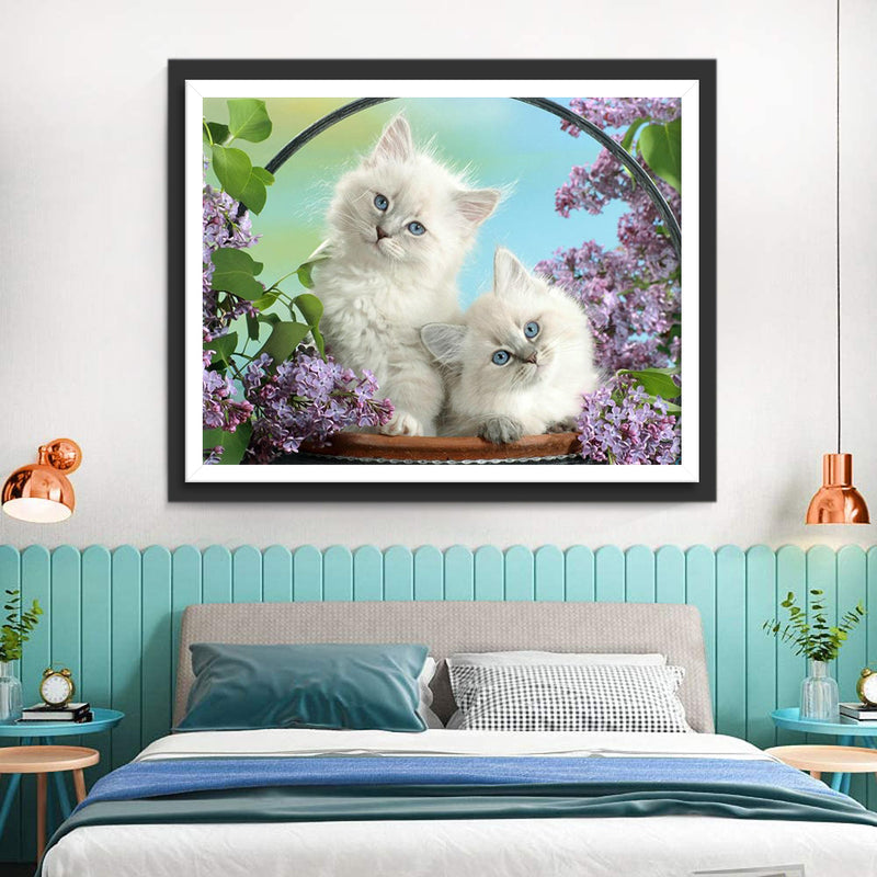 Little White Cats and Lilacs Diamond Painting