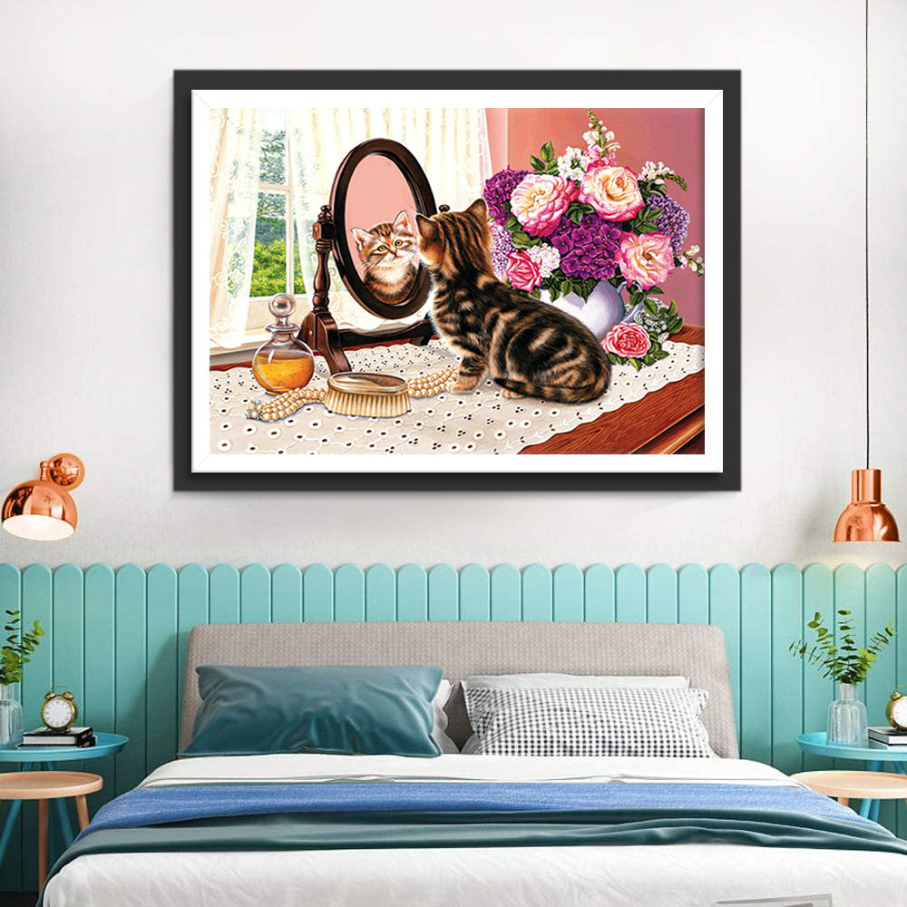 Kitten Looking in the Mirror on the Dressing Table Diamond Painting