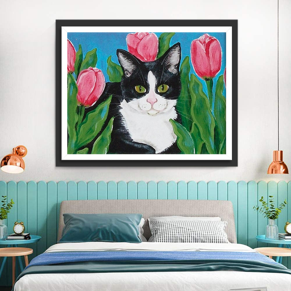Black and White Cat with Tulips Diamond Painting