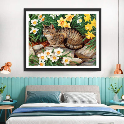 Striped Cat and Flowers Diamond Painting