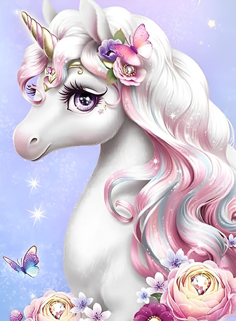 Cute White and Pink Unicorn Cartoon Diamond Painting