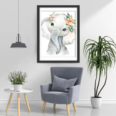 Cute Little Grey Elephant with Flowers Diamond Painting