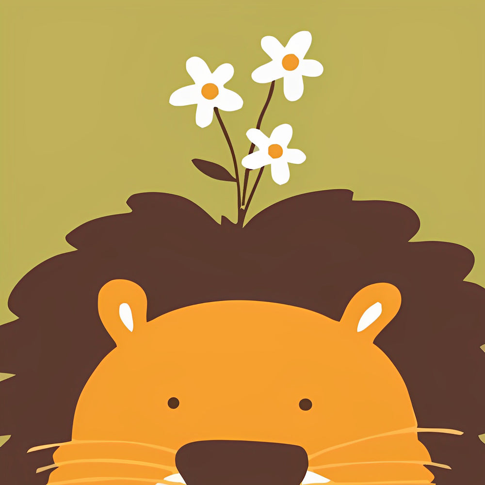 Lion with White Flowers Cartoon Diamond Painting