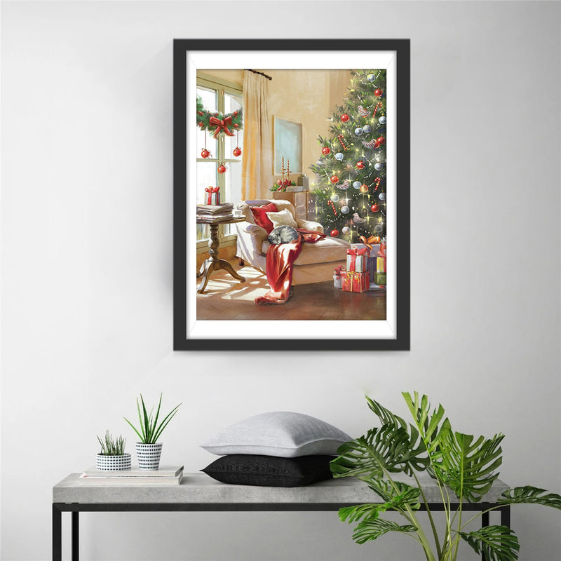 The Cat on the Christmas Tree Sofa Diamond Painting