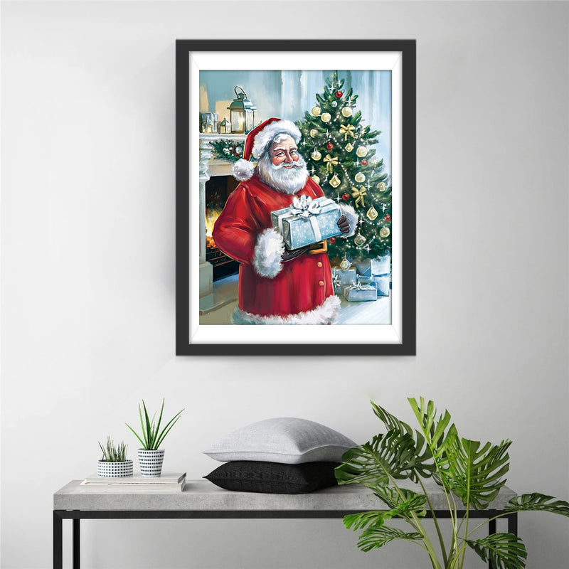 Santa Claus with a blue present Diamond Painting