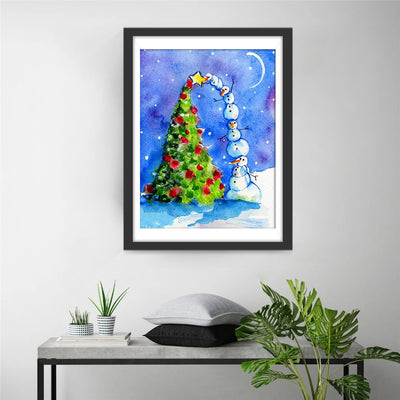 Snowmen picking stars on the Christmas tree Diamond Painting