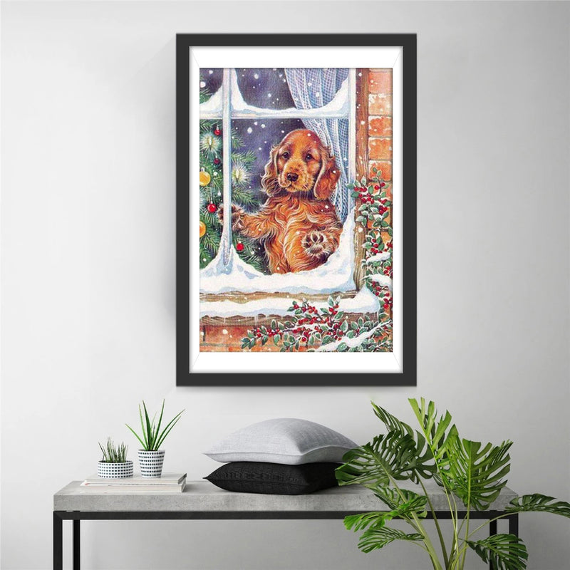 Golden retriever by the Christmas window Diamond Painting