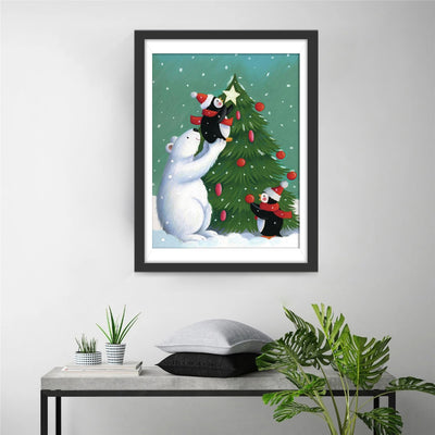 Polar bear and penguins celebrating Christmas Diamond Painting