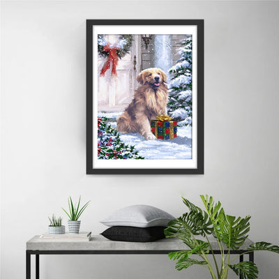 Golden Retriever receiving Christmas gift Diamond Painting