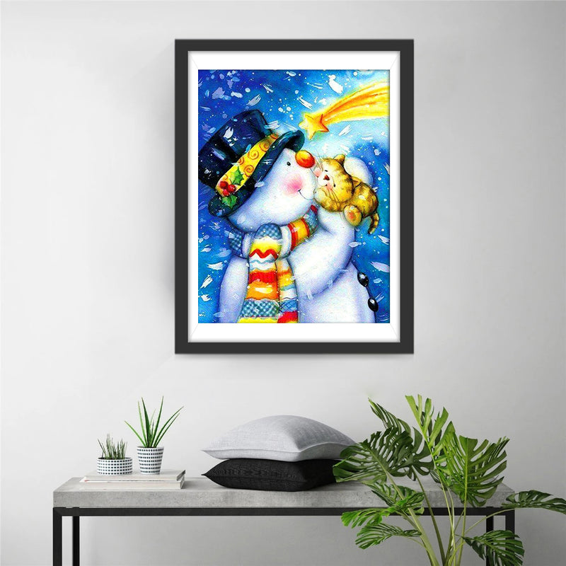 Snowman Cat and Shooting Star Diamond Painting