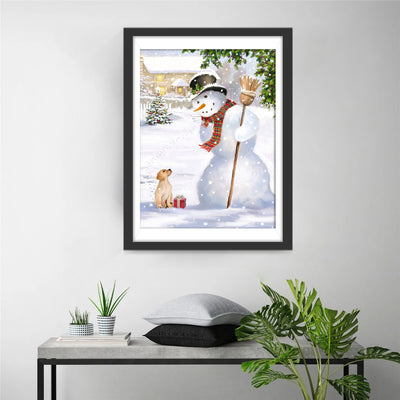 Tall snowman and puppy Diamond Painting