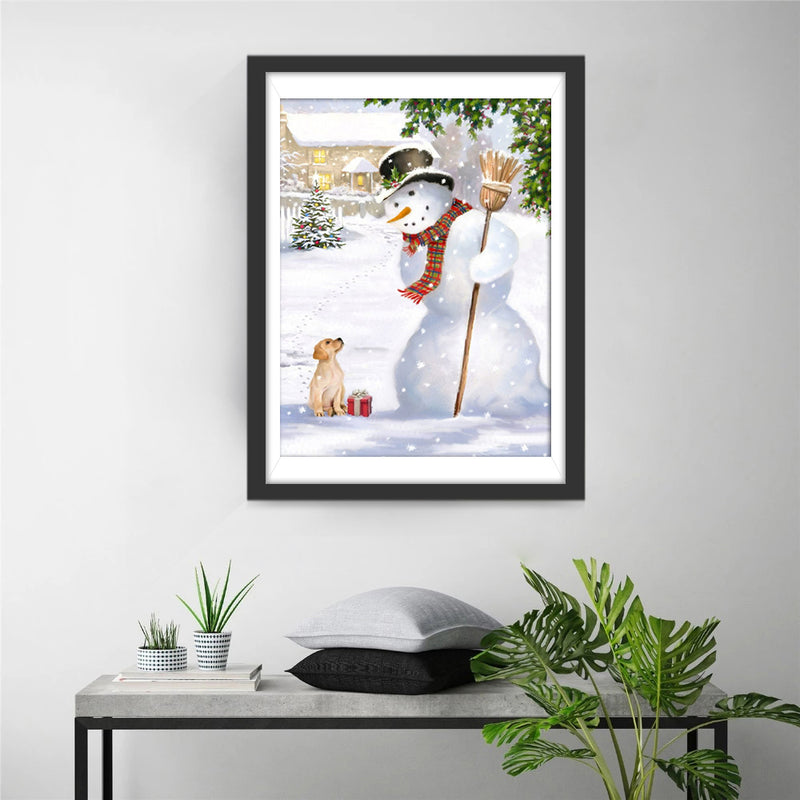 Tall snowman and puppy Diamond Painting