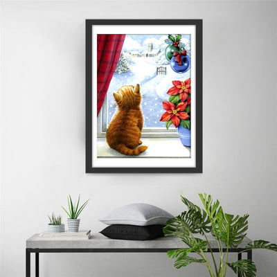 Orange Kitten by Window Christmas Diamond Painting