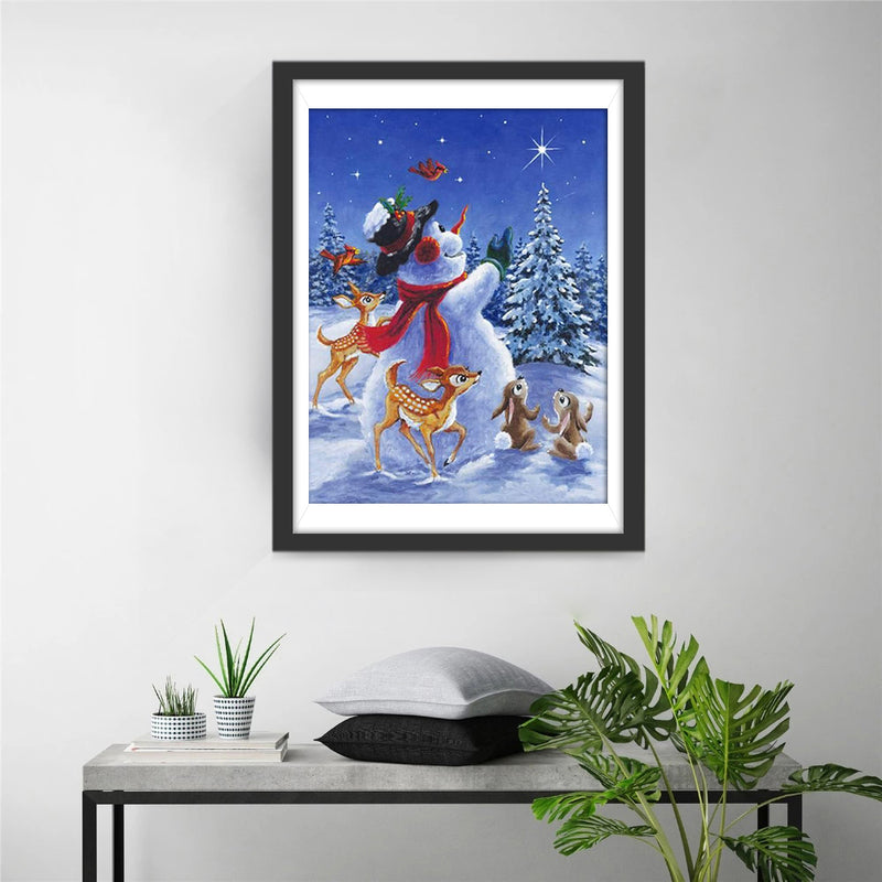 Snowman and small animals looking at the stars Diamond Painting