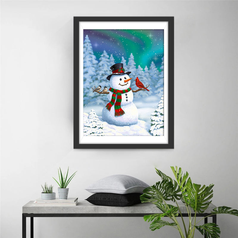 Snowman birds and auroras Diamond Painting