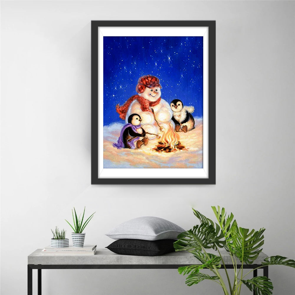 Penguins cuddling to snowman Diamond Painting