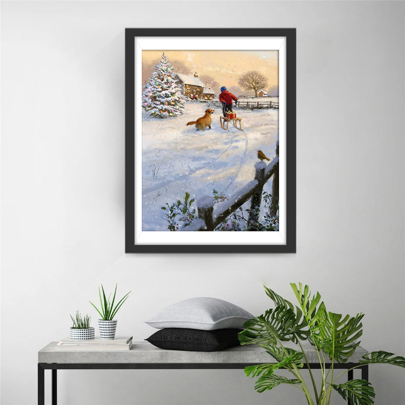 Christmas Tree Children Present Dogs Diamond Painting