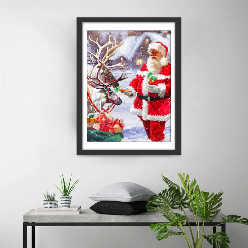 Santa Claus feeding reindeer and eating carrots Diamond Painting