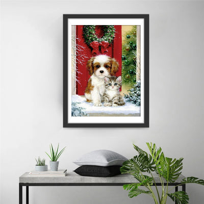 Dog And Cat Merry Christmas House Diamond Painting