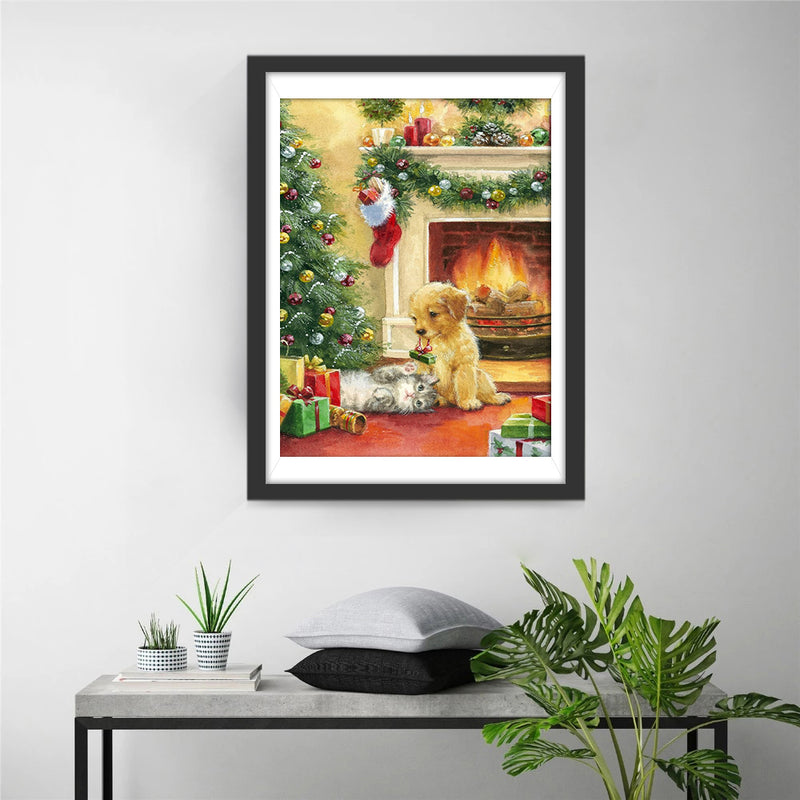 Christmas Fireplace With Dog Diamond Painting