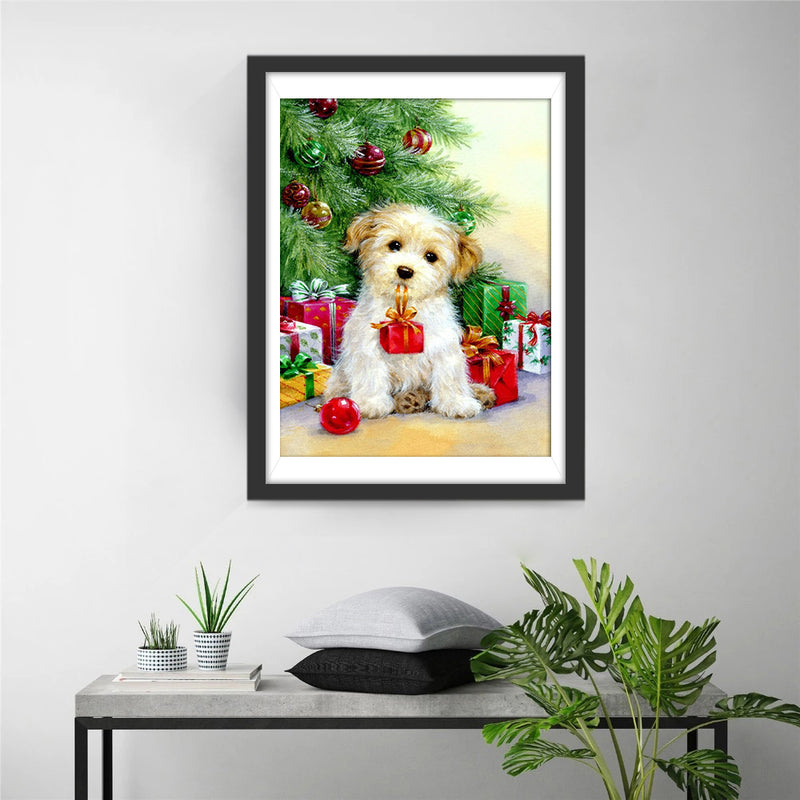 Curly Christmas Puppy Carrying a Gift Diamond Painting