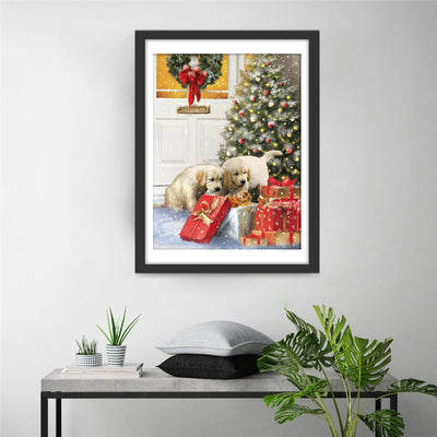 Christmas White Dog Christmas Tree Diamond Painting