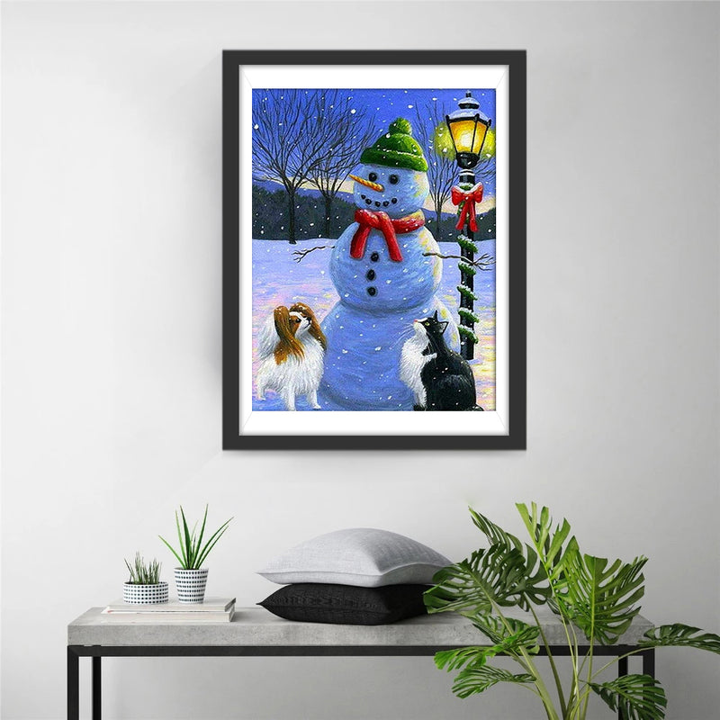 Snowman in a green hat and Pets Diamond Painting