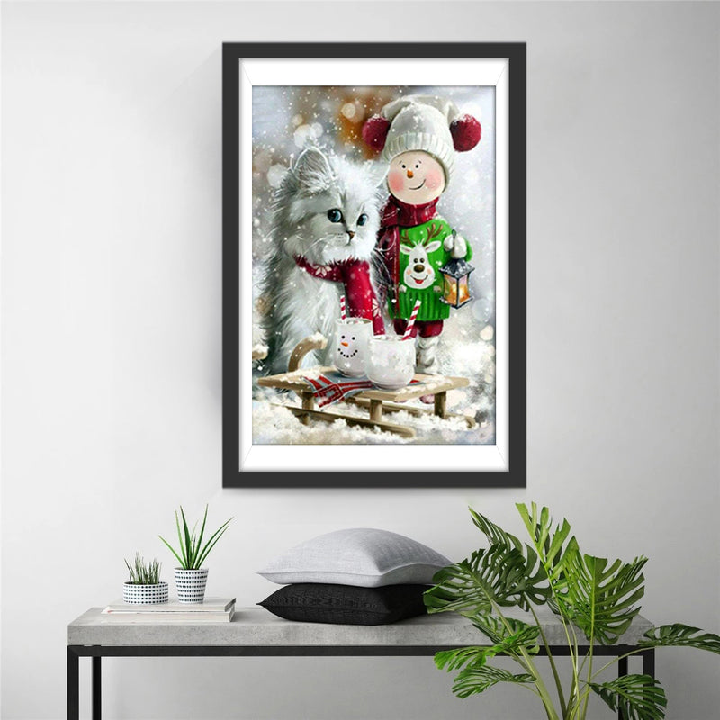 Christmas Cat and Doll Man Diamond Painting