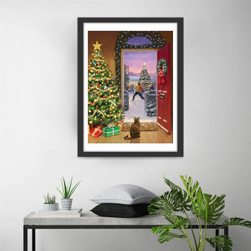 Christmas Tree House Cat Diamond Painting