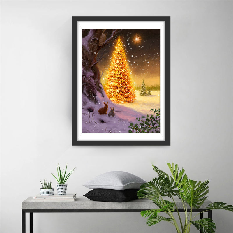 Lighted Christmas Tree and the Rabbit Diamond Painting