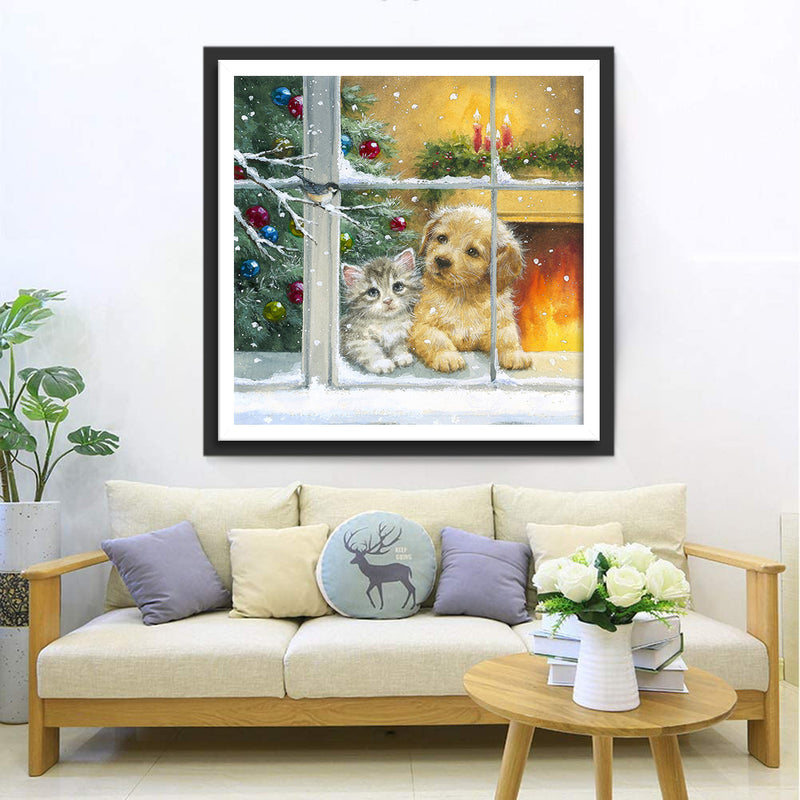 Kitten and Puppy by the Window 5D DIY Diamond Painting Kits