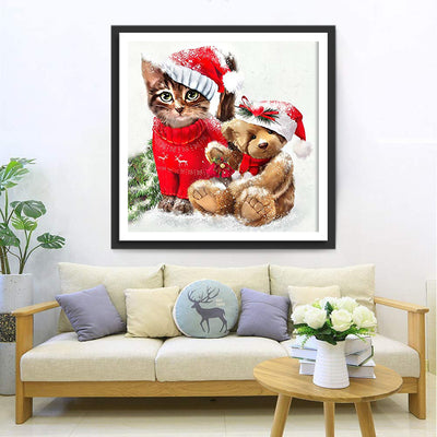 Christmas Kitten and Doll Bear Diamond Painting