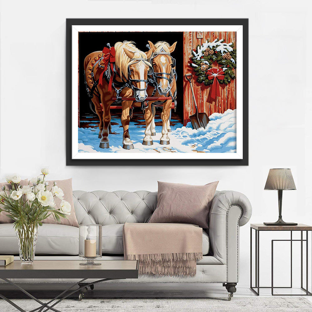 Two Horses Pulling Cart Christmas Party Diamond Painting