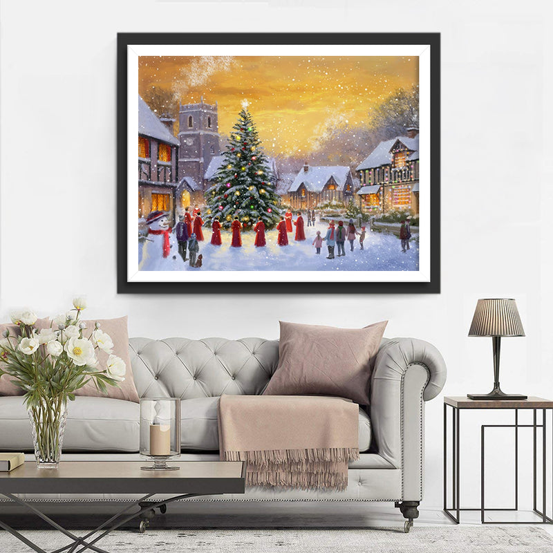 Christmas Tree Town Snowman Diamond Painting