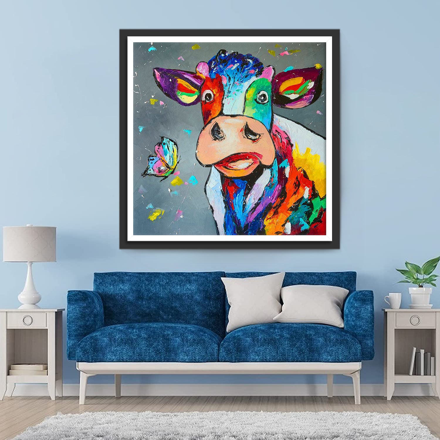 Astonished Cow and Colorful Butterfly Diamond Painting
