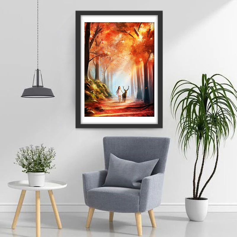Deer and Girl in the Woods Diamond Painting