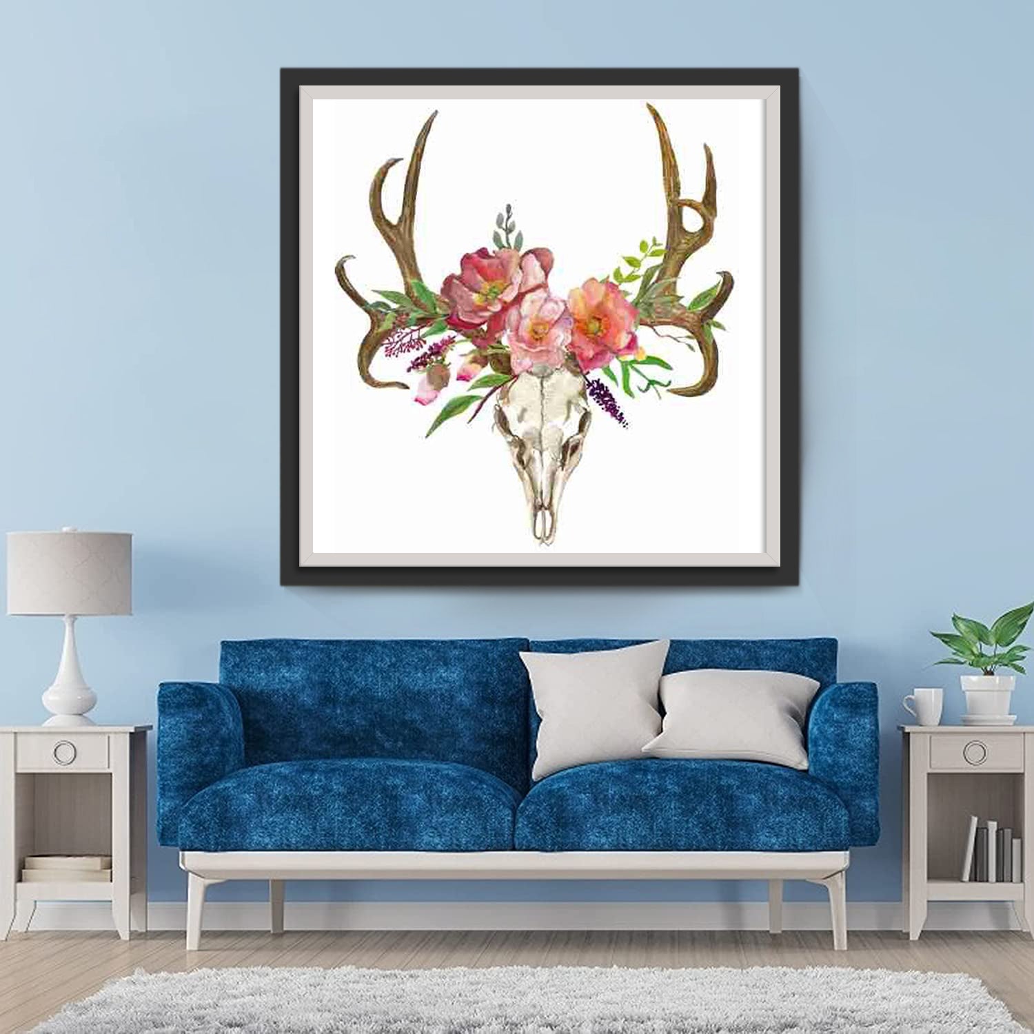 Skeleton Deer and Crown of Pink Flowers Diamond Painting
