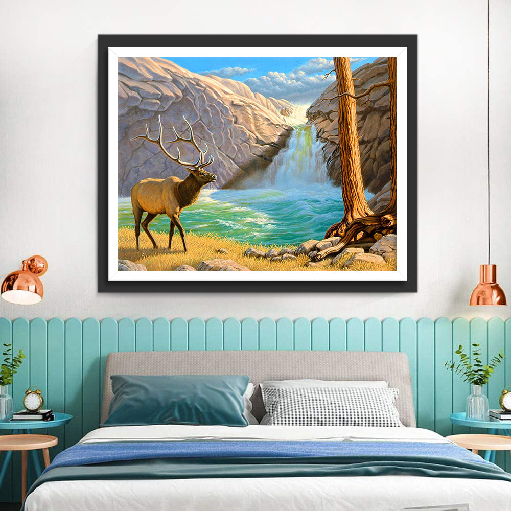 Deer and Waterfall Diamond Painting